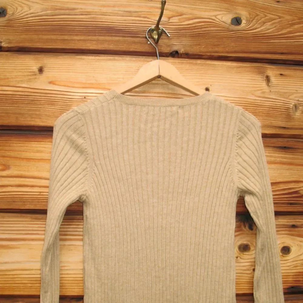 Tan Knit Wool Blend Ribbed Pullover - Picture 7 of 9